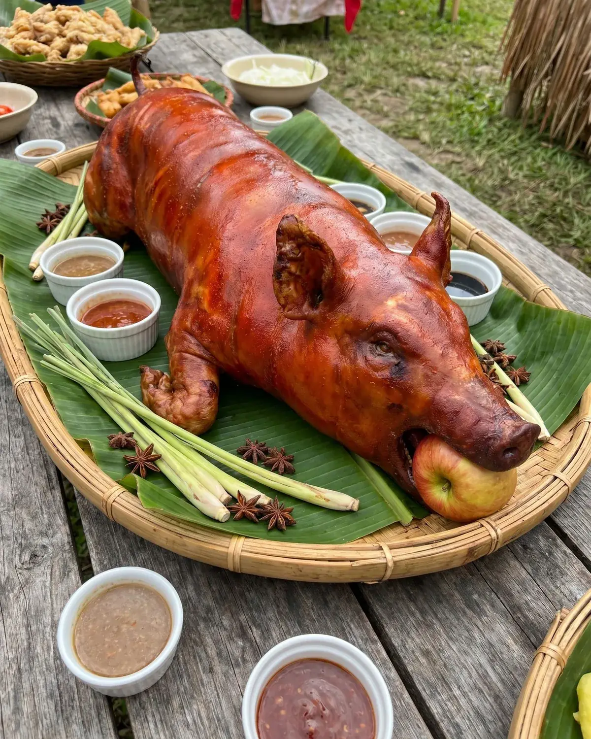 A whole Cebu lechon garnished with lemongrass, presented at a fiesta