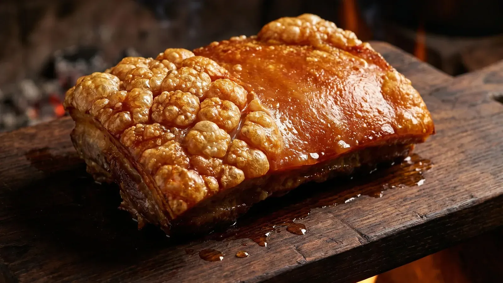 Glass-crisp crackling on a slab of Cebu lechon belly