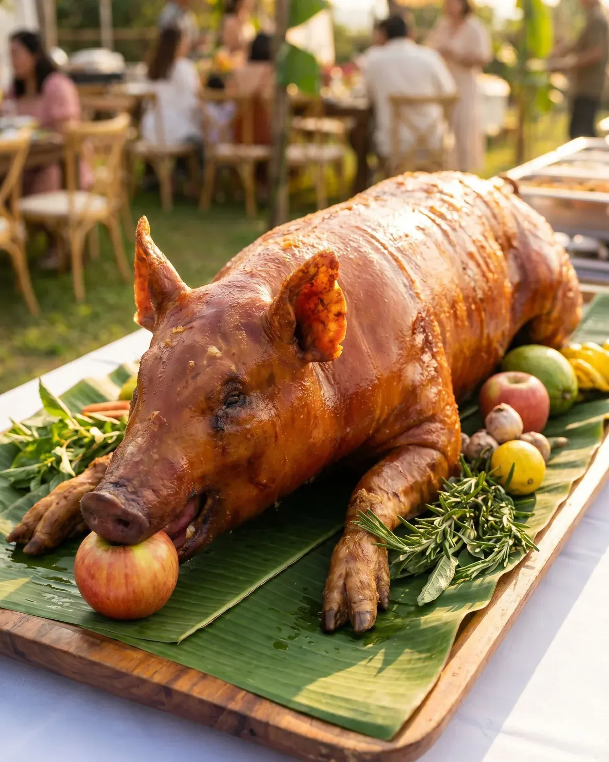 A whole lechon as the centerpiece of an outdoor Filipino fiesta at golden hour