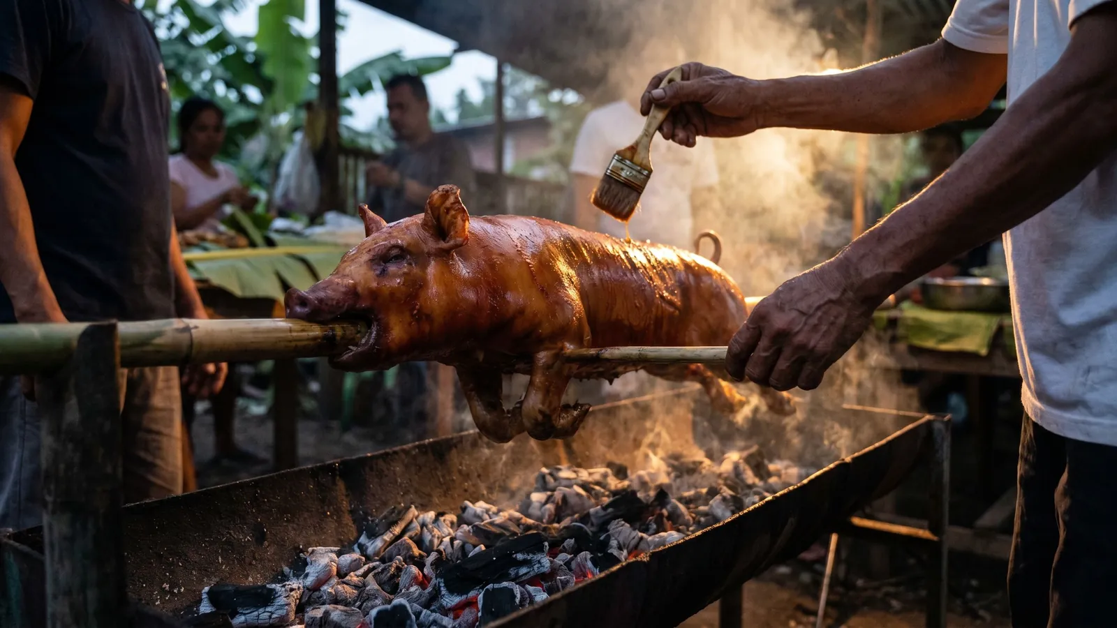 A whole pig hand-turned on a spit over charcoal