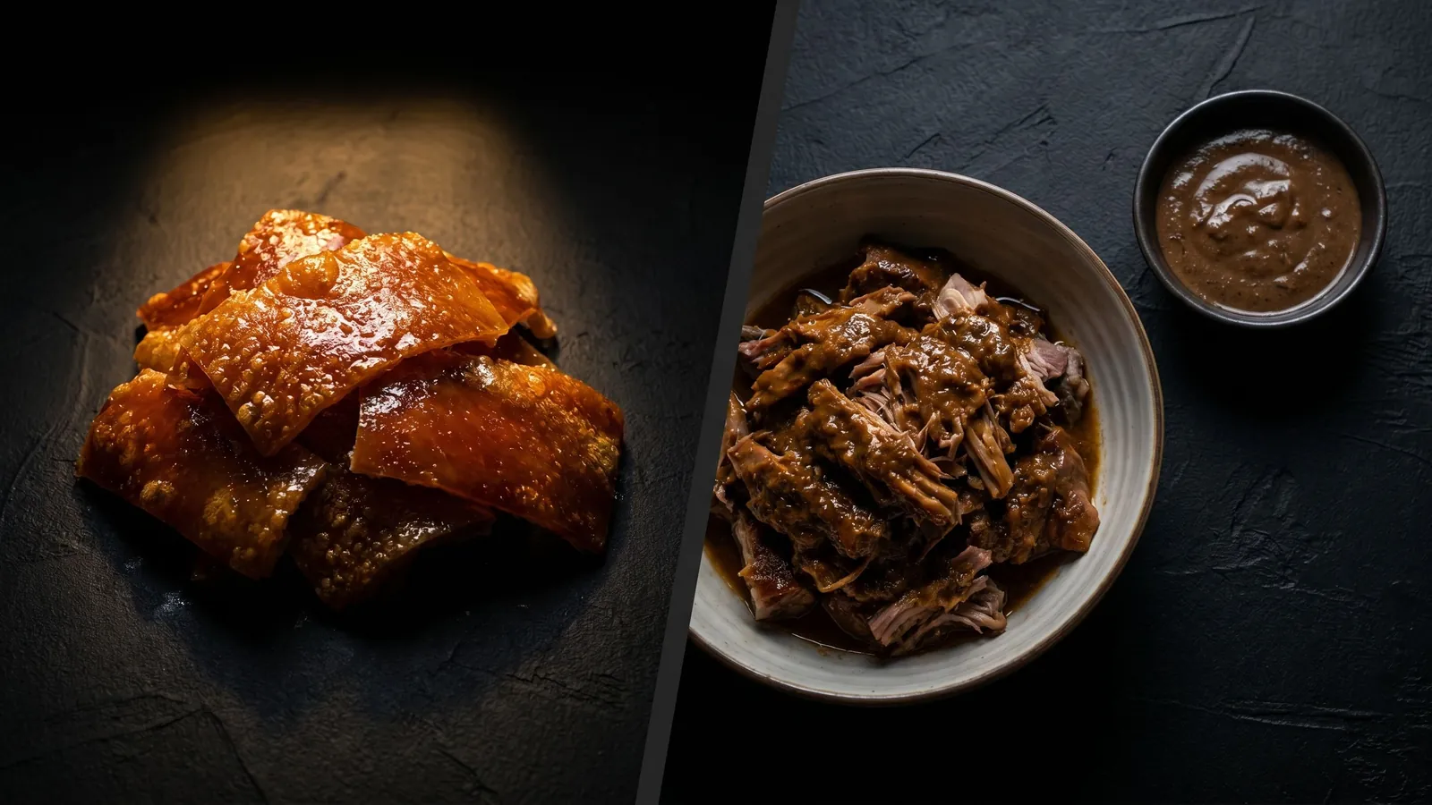 Crisp Cebu lechon beside a bowl of liver sauce